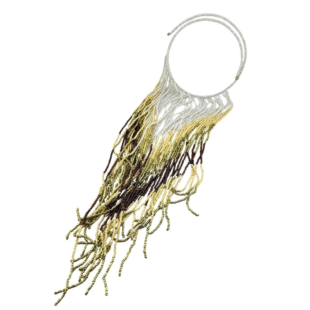 Festival Boho Yellow Green Brown White Headed Fringe Flex Collar Necklace